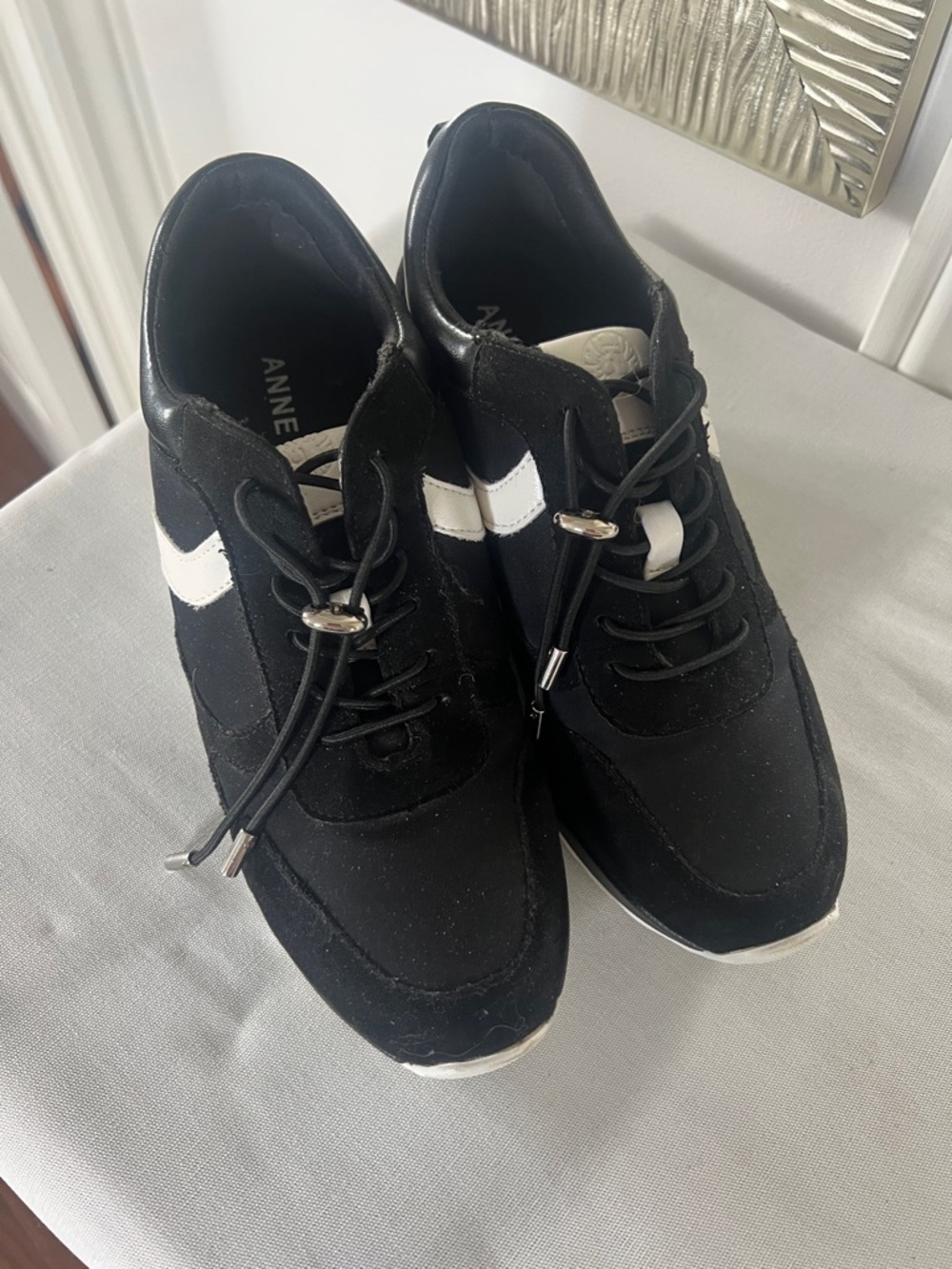 Anne Klein Black and White Platform Sneakers with Silver Accent
